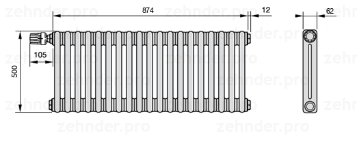 Схема (чертеж) Радиатор Zehnder Charleston 2050/19 №V012 Белый глянцевый RAL 9016